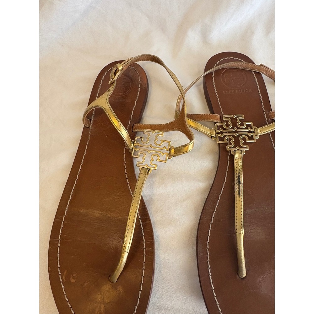 Tory Burch Miller Metallic Gold Leather Thong Ankle Strap Sandals Womens 8.5 M - Picture 3 of 6